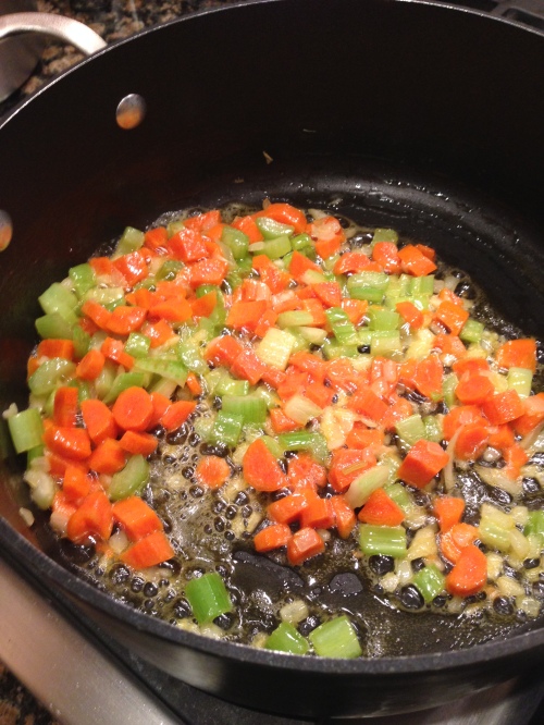 Saute your mirepoix in butter until soft.